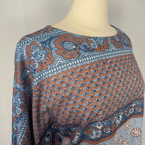 Vintage 70s Top Womens Size Small Blue Floral Boho Peasant Retro Casual Poly Vtg - Picture 4 of 15